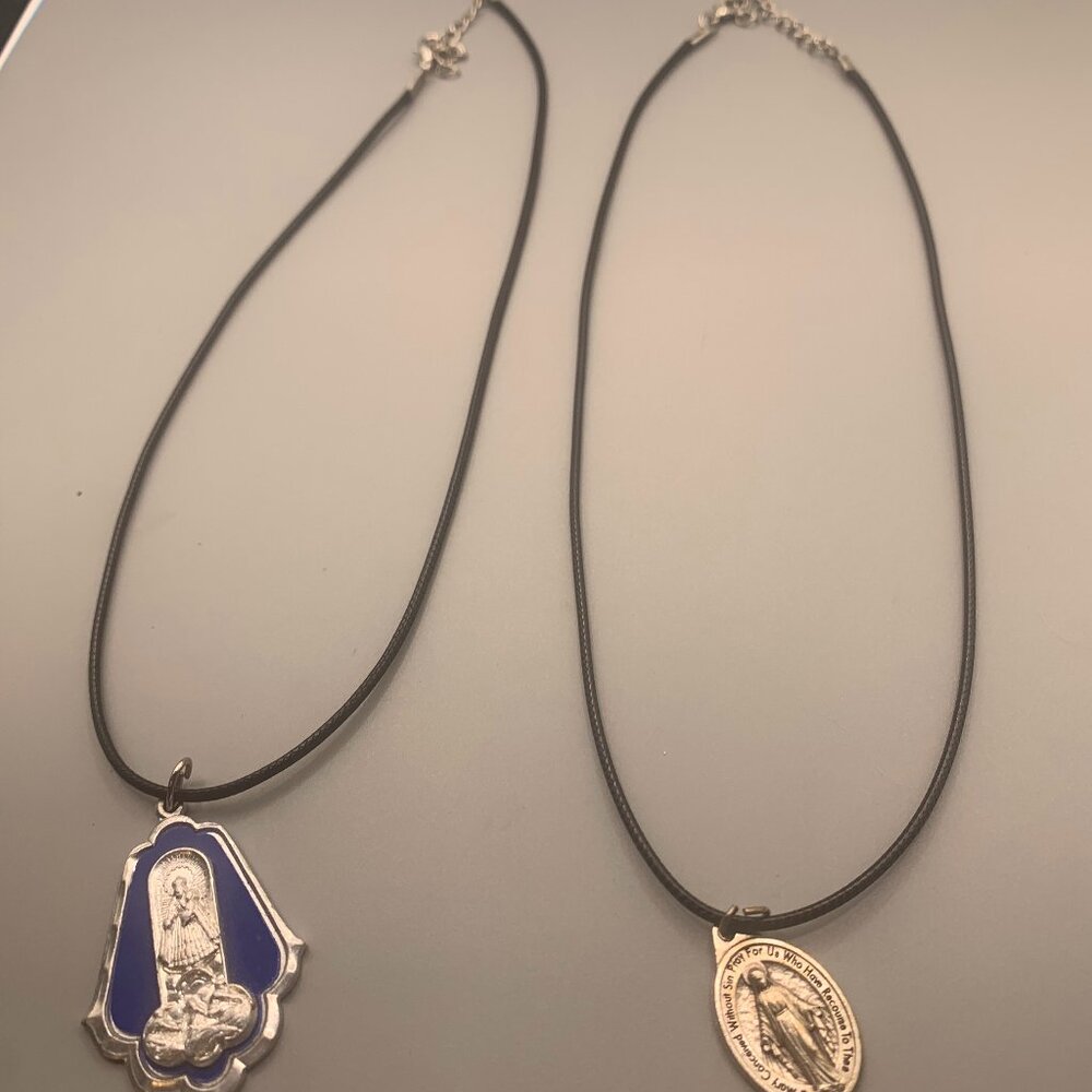 Lot of 2 Religious Pendant Black Cording 14" Necklaces